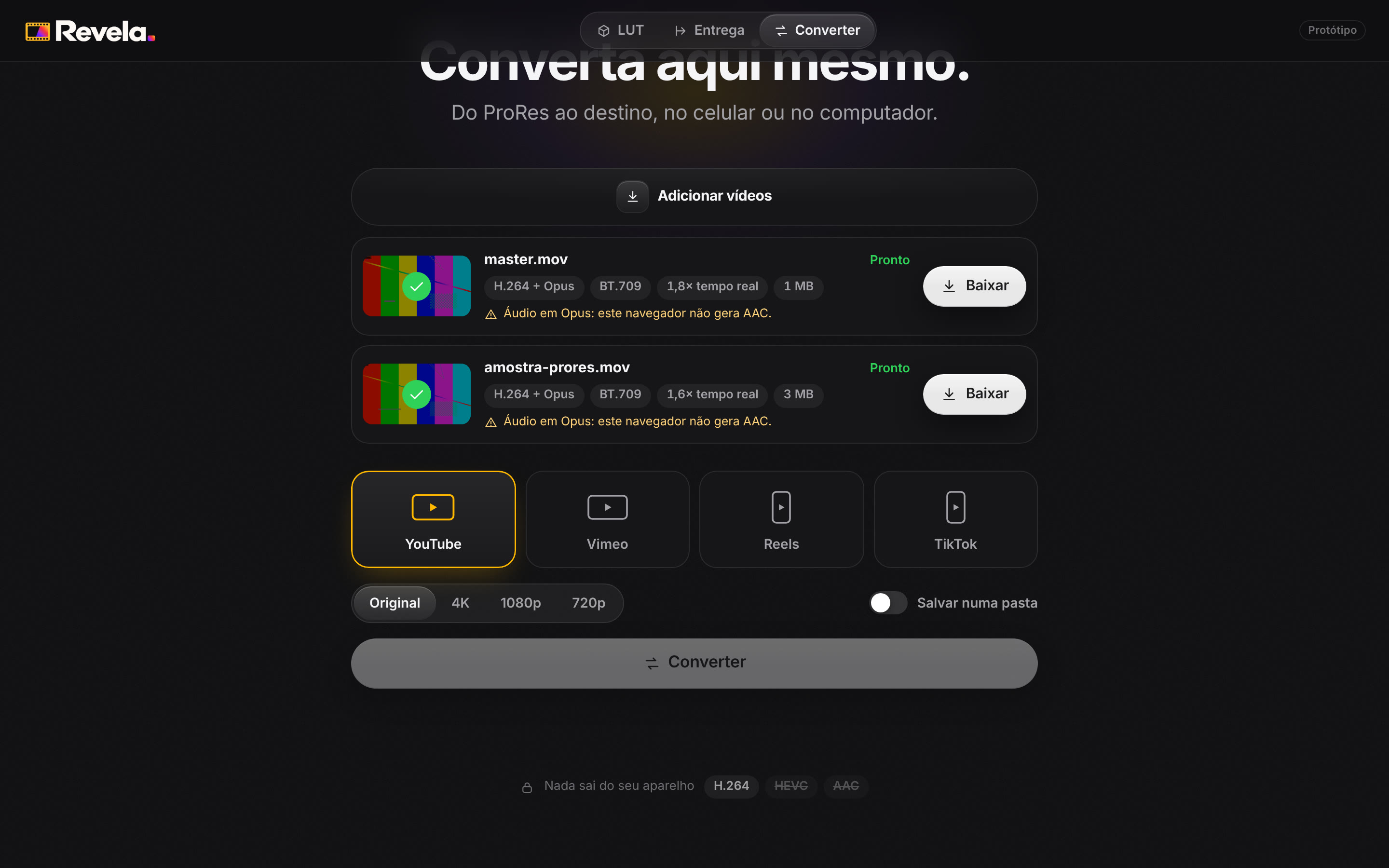 Dois masters em ProRes convertidos para o YouTube no computador