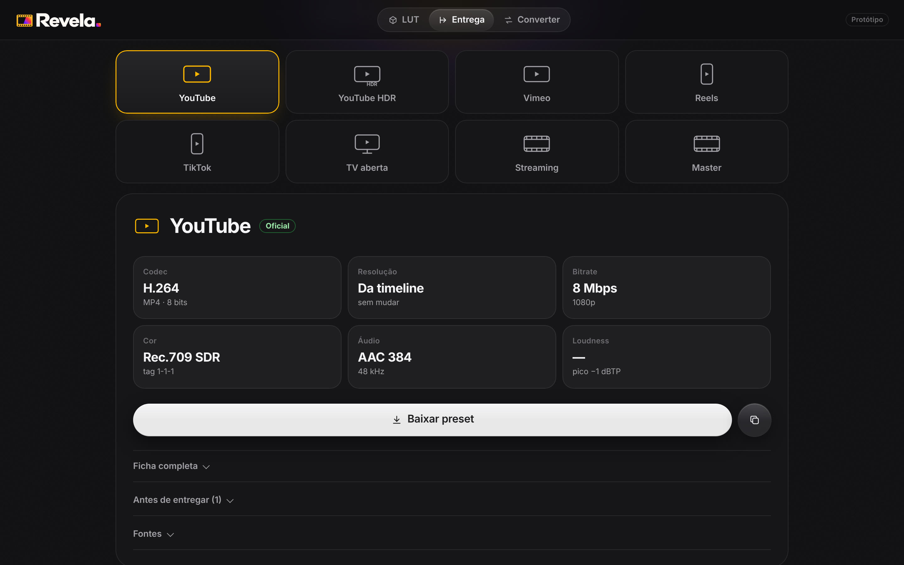 Tela de Entrega da Revela com codec, bitrate, cor e áudio do YouTube