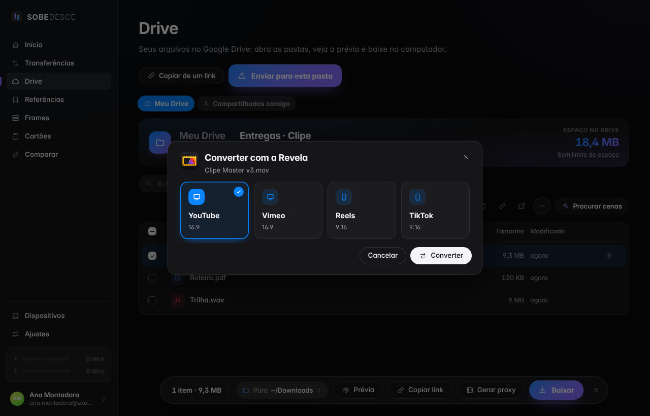 No SOBEDESCE, a janela Converter com a Revela com os destinos YouTube, Vimeo, Reels e TikTok